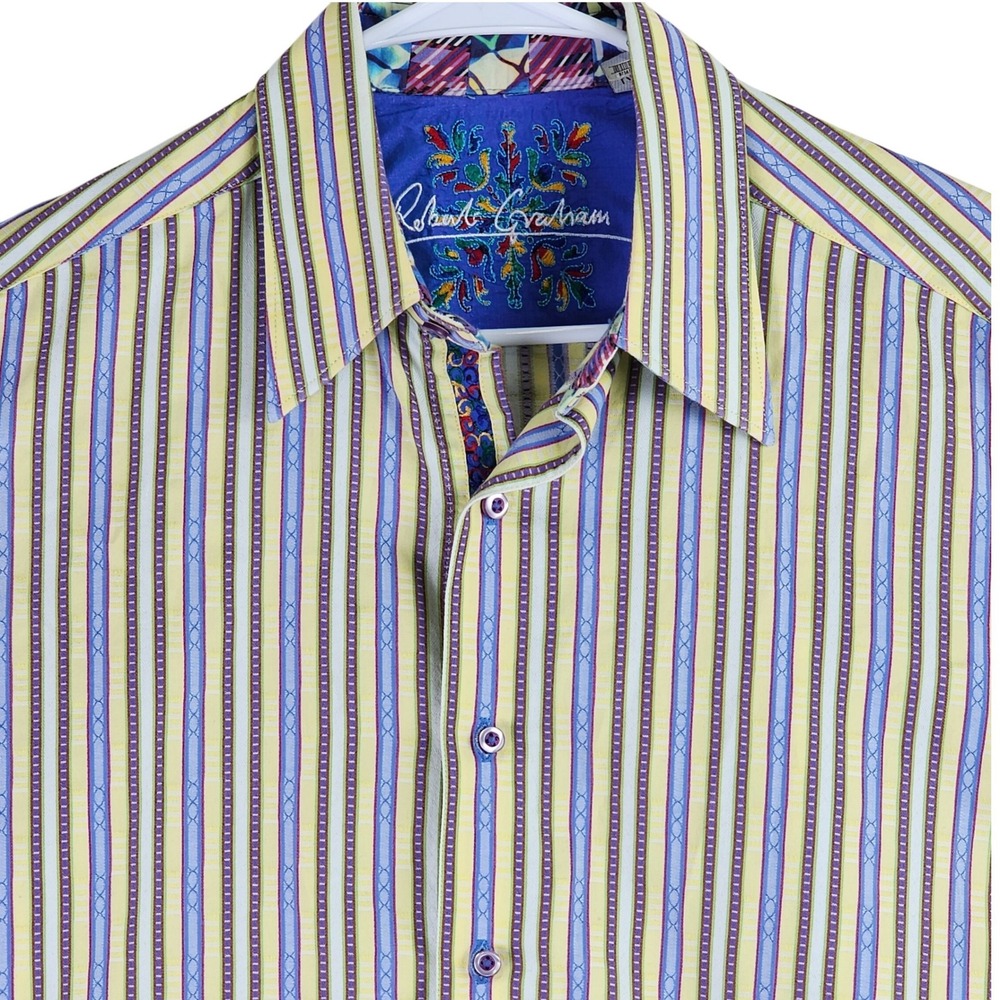 Robert Graham Striped Jacquard Button Down Shirt Mens‎ L Yellow Blue Flip cuff